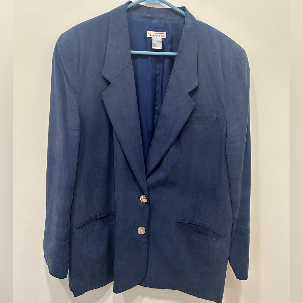 Talbots Blazer Size 18 Blue Vintage Silk‎ Long Two Button Shoulder Pads Work